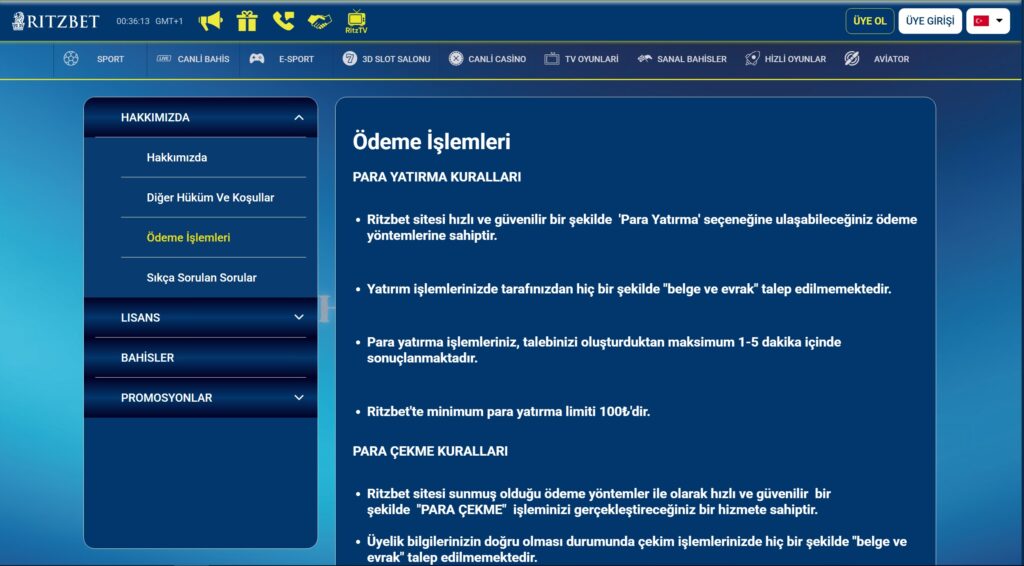 ritzbet finansal işlemler